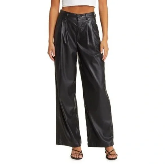 BlankNYC Women’s Black Vegan Leather Wide Leg Pleated Pants Size 30 - Picture 1 of 6